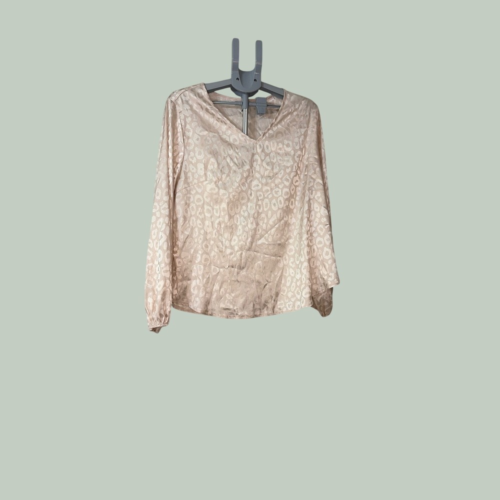 Champagne Beige Leopard Print V-Neck Satin Blouse Long Sleeve Top